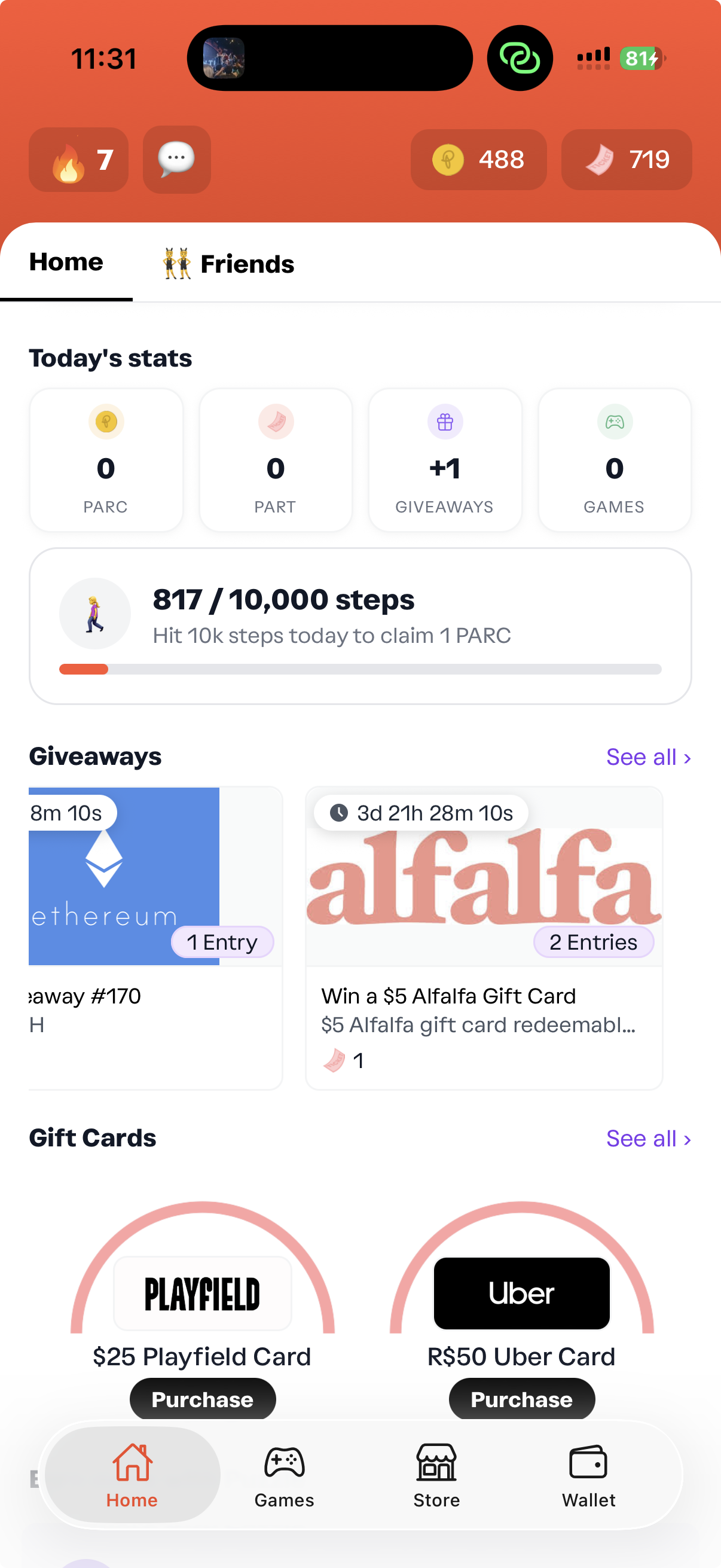 Player home tab — giveaways and gift cards