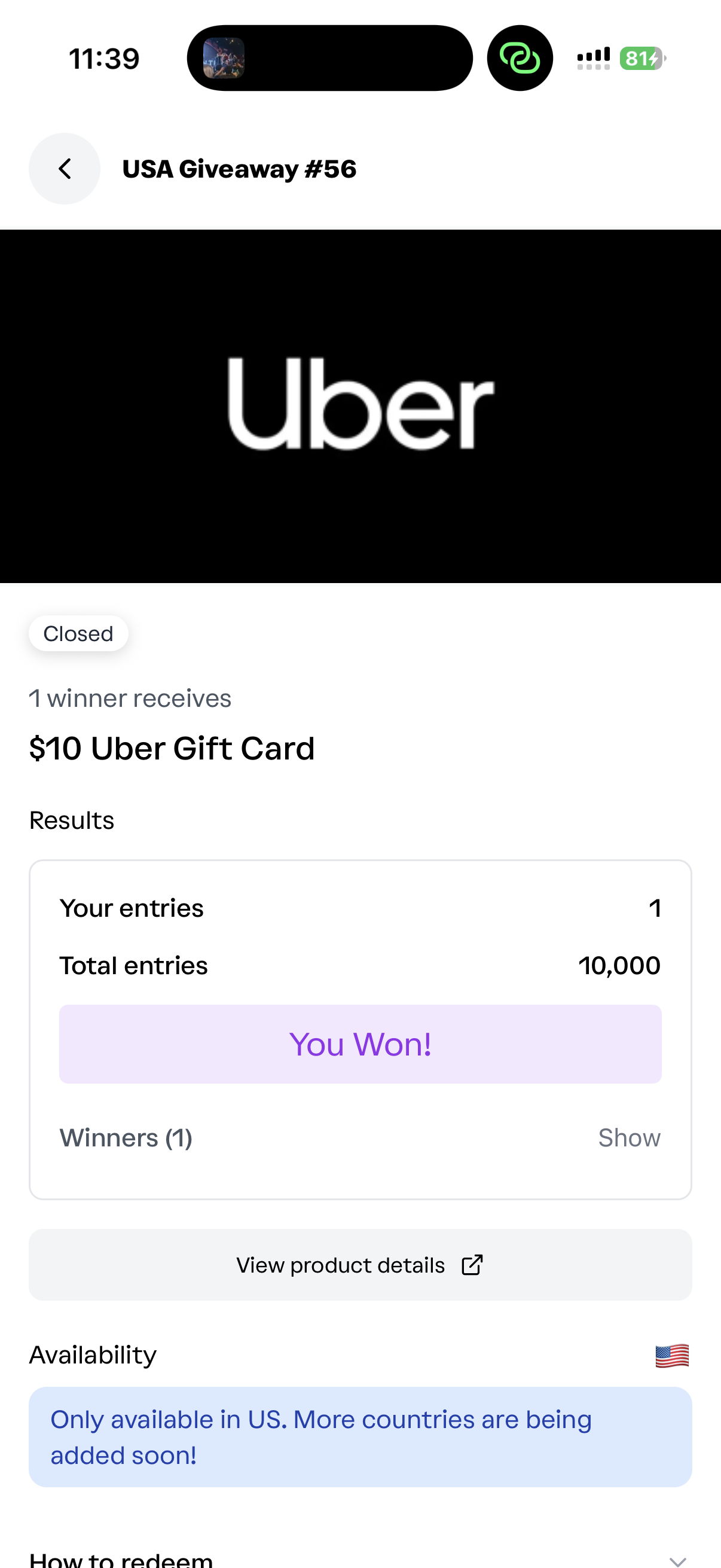 Player won the Uber giveaway